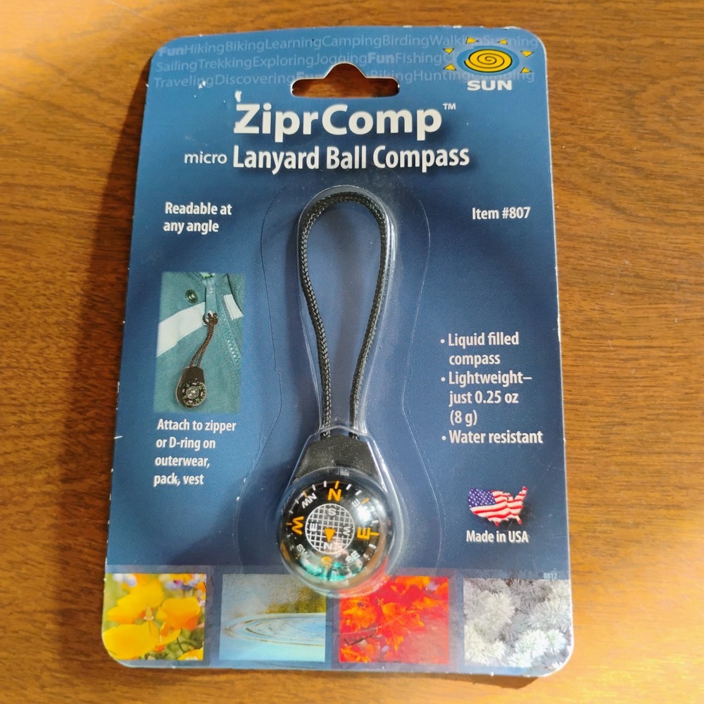 Sun Company ZiprCompโ Micro Lanyard Ball Compass Black Made in USA NEW